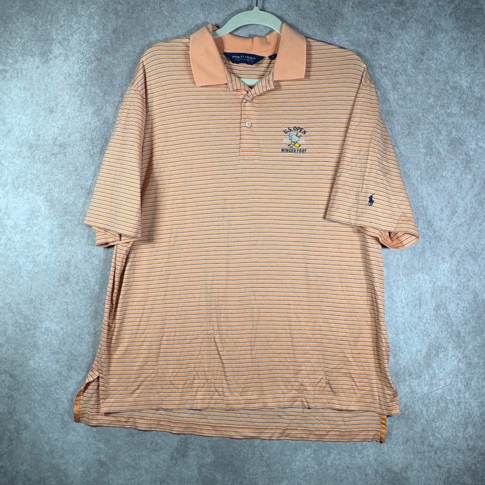 Polo Golf Ralph Lauren Polo Shirt Mens L Orange 2006 US Open Winged Foot Striped